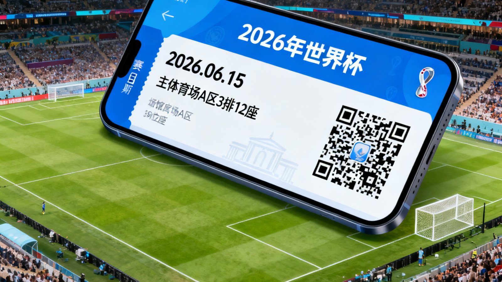 2026年世界杯官方门票样式展示，电子票界面显示比赛日期、场馆座位信息和二维码，背景为足球场全景