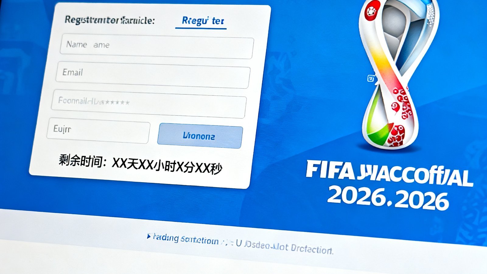 FIFA官方门票申请页面截图，显示注册表单和倒计时器，背景是2026世界杯官方标志