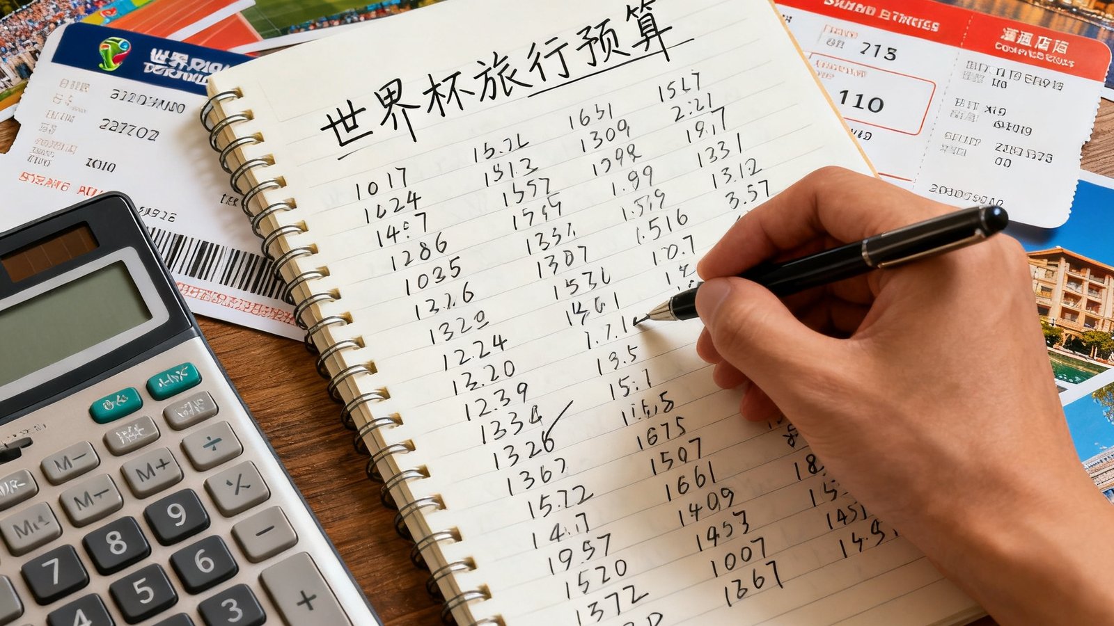 计算器和笔记本上写满世界杯旅行预算数字，旁边放着机票和酒店预订单，背景是多张主办城市照片