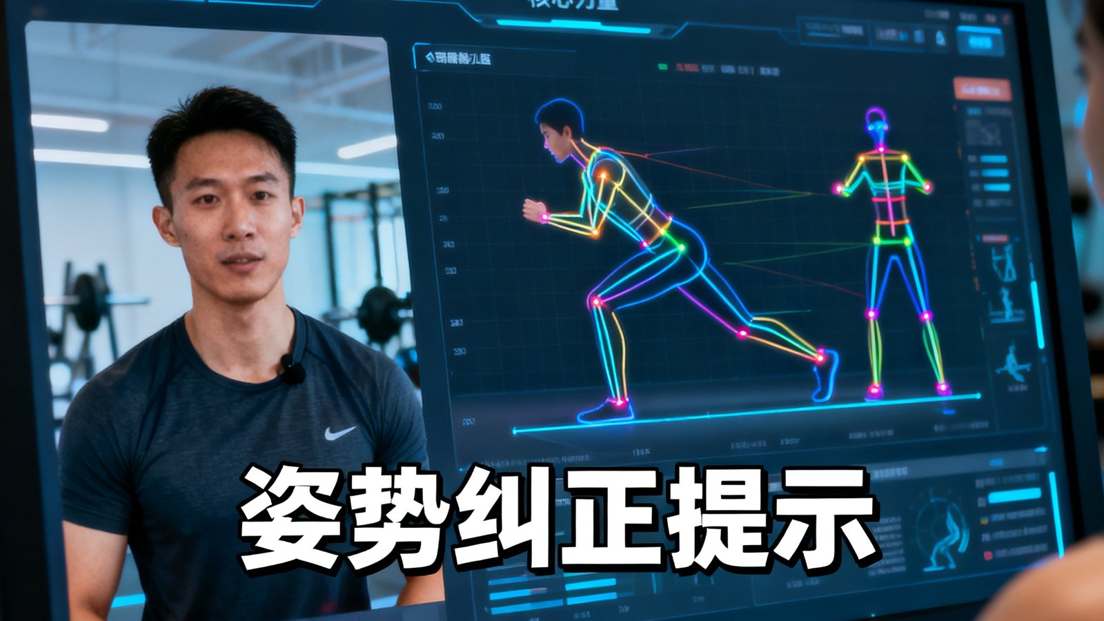 专业运动教练通过视频连线指导用户进行核心力量训练,屏幕中显示实时动作捕捉和姿势纠正提示