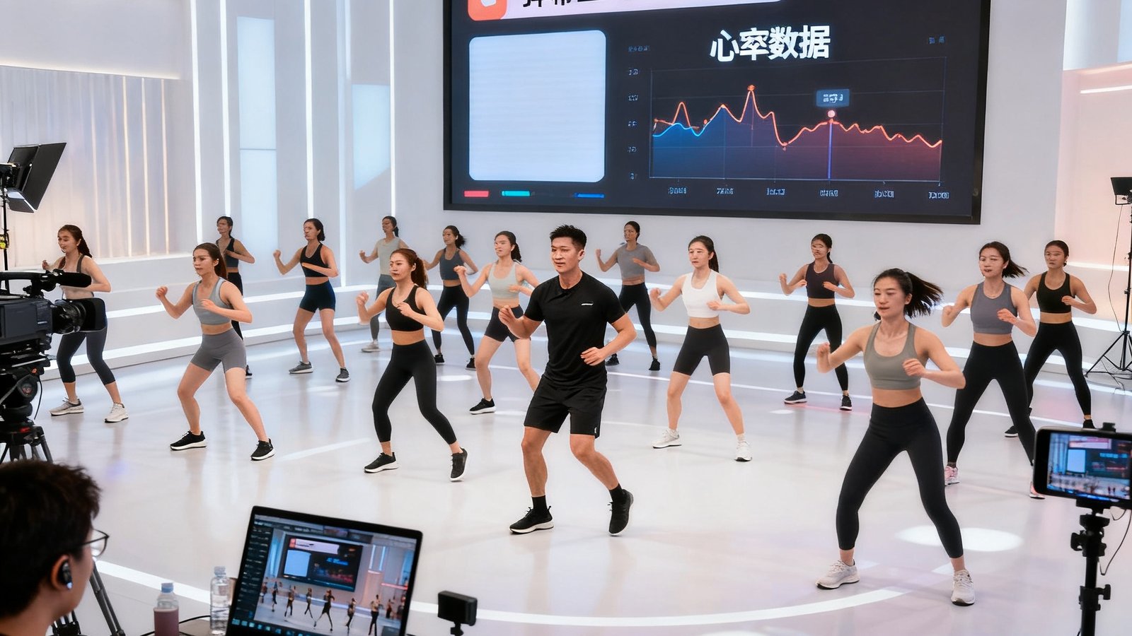 宽敞明亮的直播间内,教练正带领线上数千名学员进行燃脂操训练,背景大屏实时显示弹幕互动和心率数据