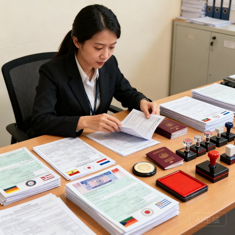 一位干练的女性签证顾问正在审核护照材料，办公桌上整齐摆放着各国签证申请表和印章工具