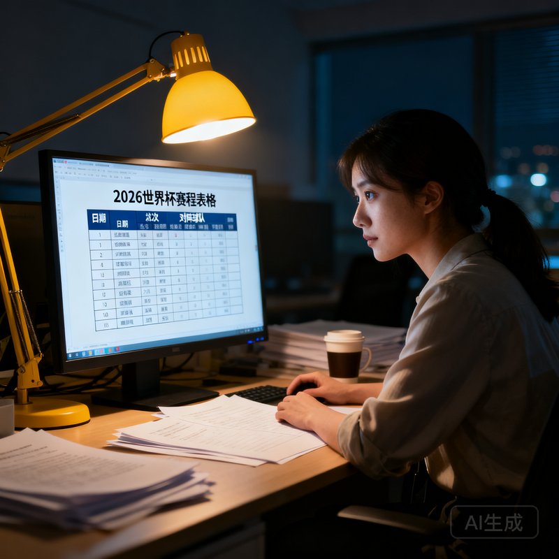一位专注的女性编辑在深夜办公室校对稿件，屏幕上是2026世界杯赛程表格