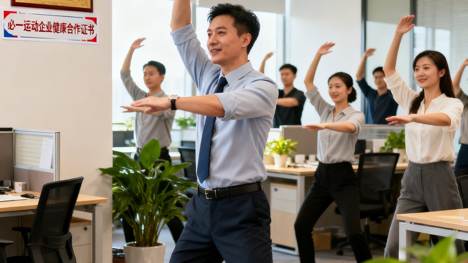 企业HR张经理在办公室带领同事们做午间拉伸操,团队氛围活跃融洽,墙上贴着必一运动的企业健康合作证书